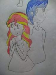 Size: 768x1024 | Tagged: safe, flash sentry, sunset shimmer, equestria girls, g4, amino, female, male, ship:flashimmer, shipping, straight, traditional art