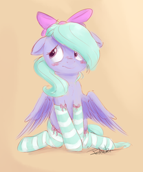 Size: 1158x1395 | Tagged: safe, artist:pucksterv, flitter, pegasus, pony, g4, blushing, bow, clothes, colored sketch, cute, female, flitterbetes, floppy ears, hair bow, hnnng, mare, simple background, socks, solo, stockings, striped socks, thigh highs