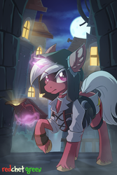 Size: 1800x2700 | Tagged: safe, artist:redchetgreen, oc, oc only, pony, unicorn, bag, bits, building, clothes, commission, full moon, hoodie, magic, male, moon, night, raised hoof, solo, stallion, thief, town, ych result