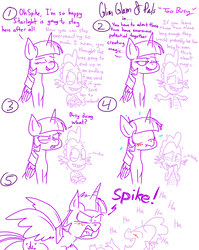 Size: 1280x1611 | Tagged: safe, artist:adorkabletwilightandfriends, spike, twilight sparkle, alicorn, dragon, pony, comic:adorkable twilight and friends, comic:glim glam and pals, g4, angry, blushing, comic, cute, dialogue, female, glimglam, implied shipping, implied starburst, lineart, male, mare, monochrome, sex joke, simple background, slice of life, spikabetes, sweat, twiabetes, twilight sparkle (alicorn), white background