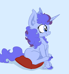 Size: 1252x1345 | Tagged: safe, artist:paskanaakka, derpibooru exclusive, oc, oc only, oc:midnight dew, pony, unicorn, blue background, chest fluff, colored hooves, ear fluff, female, filly, horn, mare, pillow, pony oc, simple background, sitting, smiling, solo, unicorn oc, unshorn fetlocks, younger