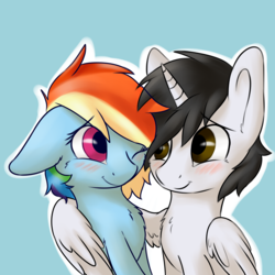 Size: 3000x3000 | Tagged: safe, artist:dbleki, rainbow dash, oc, oc:shiron, alicorn, pegasus, pony, g4, alicorn oc, blushing, canon x oc, high res, hug, one eye closed, shinbow, shipping, winghug