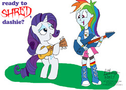 Size: 2592x1841 | Tagged: safe, artist:newportmuse, rainbow dash, rarity, unicorn, equestria girls, g4, honest apple, boots, clothes, compression shorts, duo, excited, grass, guitar, guitarity, multicolored hair, musical instrument, shoes, simple background, skirt, white background