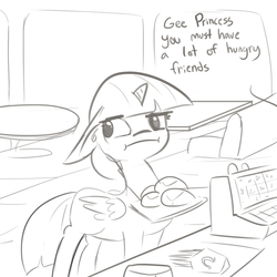 Size: 1650x1650 | Tagged: safe, artist:tjpones, twilight sparkle, alicorn, pony, g4, :i, alicorn metabolism, burger, cash register, dialogue, ear fluff, fast food, female, floppy ears, food, french fries, grayscale, looking away, monochrome, restaurant, simple background, solo, tablet, that pony sure does love burgers, tray, twilight burgkle, twilight sparkle (alicorn), twilight sparkle is not amused, unamused, white background