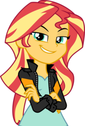 Size: 3000x4453 | Tagged: safe, artist:ambassad0r, sunset shimmer, equestria girls, g4, my little pony equestria girls: friendship games, breasts, clothes, crossed arms, cute, female, high res, jacket, leather jacket, looking at you, shirt, simple background, smiling, smirk, smug, smugset shimmer, solo, transparent background, vector