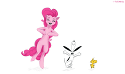 Size: 4389x2603 | Tagged: safe, artist:ratann, pinkie pie, earth pony, pony, g4, crossover, dancing, eyes closed, high res, simple background, smiling, snoopy, trio, white background, woodstock (peanuts)