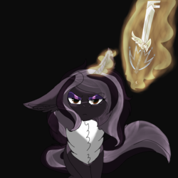 Size: 2560x2560 | Tagged: safe, artist:brokensilence, oc, oc only, oc:alcmene, pony, >:c, chest fluff, dark background, disney, fluffy, frown, high res, keyblade, kingdom hearts, magic, serious, serious face, solo