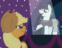 Size: 2008x1536 | Tagged: safe, artist:kindheart525, applejack, coloratura, earth pony, pony, g4, crying, engagement ring, female, lesbian, looking at each other, mare, marriage proposal, ring, ship:rarajack, shipping, stage