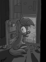 Size: 1199x1600 | Tagged: safe, artist:soshyqqq, lyra heartstrings, pony, unicorn, g4, caught, eating, female, food, grayscale, looking back, midnight snack, monochrome, refrigerator, sitting, solo, wide eyes