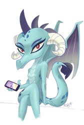 Size: 958x1422 | Tagged: safe, artist:soshyqqq, princess ember, dragon, g4, female, looking at you, phone, simple background, solo, white background