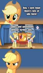 Size: 638x1080 | Tagged: safe, applejack, flam, flim, pony, g4, ado, angry, comic, cute, flim flam brothers, madorable, silly, stage