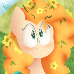 Size: 2048x2048 | Tagged: safe, artist:vanillashineart, pear butter, earth pony, pony, g4, the perfect pear, bust, female, heart eyes, high res, portrait, shocked, solo, wingding eyes