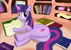 Size: 3035x2149 | Tagged: dead source, safe, artist:neoshrek, twilight sparkle, pony, unicorn, g4, anatomically incorrect, book, butt, female, golden oaks library, high res, incorrect leg anatomy, plot, prone, solo, twibutt, unicorn twilight