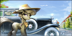 Size: 1880x946 | Tagged: safe, artist:ramiras, silver spoon, earth pony, pony, g4, bandana, building, car, female, fluffy, hat, mare, missing accessory, older, older silver spoon, rich, scenery, solo focus, vehicle