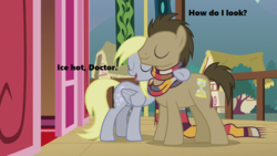 Size: 1280x720 | Tagged: safe, edit, edited screencap, editor:korora, screencap, derpy hooves, doctor whooves, time turner, g4, slice of life (episode), clothes, cute, derpabetes, doctor who, doctorbetes, fourth doctor's scarf, paradise towers (story), scarf, striped scarf, text, town hall