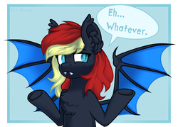 Size: 1400x1002 | Tagged: safe, artist:trickate, oc, oc only, bat pony, pony, bat pony oc, chest fluff, colored pupils, dialogue, ear fluff, looking sideways, male, shrug, shrugpony, simple background, solo, spread wings, stallion, wings