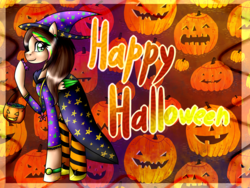 Size: 1600x1200 | Tagged: safe, artist:lada03, oc, oc only, oc:lada cuantica, pegasus, pony, bracelet, candy, clothes, costume, ear piercing, earring, female, food, halloween, happy halloween, hat, holiday, jack-o-lantern, jewelry, looking at you, mare, piercing, pumpkin, raised hoof, smiling, socks, solo, striped socks, witch hat