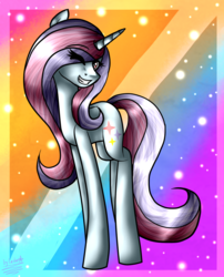 Size: 812x1005 | Tagged: safe, artist:lada03, oc, oc only, pony, unicorn, female, grin, looking at you, mare, one eye closed, rainbow background, smiling, solo, wink