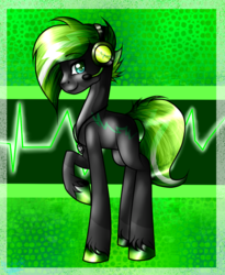Size: 984x1200 | Tagged: safe, artist:lada03, oc, oc only, oc:dark sparkx, earth pony, pony, abstract background, colored pupils, headset, looking at you, male, raised hoof, smiling, solo, stallion, unshorn fetlocks