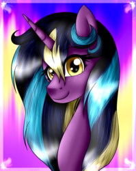 Size: 937x1175 | Tagged: safe, artist:lada03, oc, oc only, oc:midnight fairytale, pony, unicorn, abstract background, bust, female, freckles, looking at you, mare, portrait, smiling, solo