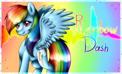 Size: 1600x978 | Tagged: safe, artist:lada03, rainbow dash, pegasus, pony, g4, female, looking at you, mare, rainbow background, smiling, solo, spread wings, wings