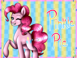 Size: 1600x1200 | Tagged: safe, artist:lada03, pinkie pie, earth pony, pony, g4, abstract background, female, grin, looking at you, mare, one eye closed, raised hoof, smiling, solo, wink