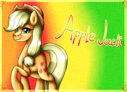Size: 1600x1157 | Tagged: safe, artist:lada03, applejack, earth pony, pony, g4, abstract background, female, looking at you, mare, raised hoof, smiling, solo
