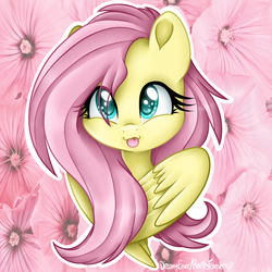 Size: 1000x1000 | Tagged: safe, artist:dreamyeevee, fluttershy, pony, g4, :p, bust, cute, daaaaaaaaaaaw, eye clipping through hair, female, hnnng, looking at you, portrait, shyabetes, silly, silly face, silly pony, smiling, solo, stray strand, tongue out, wings