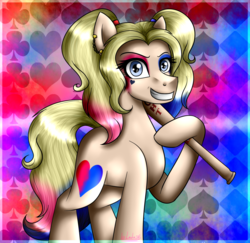 Size: 1234x1200 | Tagged: safe, artist:lada03, earth pony, pony, abstract background, baseball bat, creepy, creepy grin, ear piercing, earring, female, grin, harley quinn, heart eyes, jewelry, looking at you, mare, piercing, pigtails, ponified, smiling, solo, twintails, wingding eyes