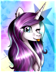 Size: 907x1159 | Tagged: safe, artist:lada03, oc, oc only, oc:magical brownie, pony, unicorn, :p, abstract background, bust, ear piercing, earring, female, jewelry, looking at you, mare, necklace, one eye closed, piercing, portrait, solo, tongue out, wink