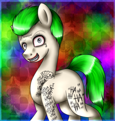 Size: 1105x1167 | Tagged: safe, artist:lada03, earth pony, pony, abstract background, body writing, creepy, creepy grin, crossover, grin, looking at you, male, ponified, shrunken pupils, smiling, solo, stallion, suicide squad, tattoo, the joker