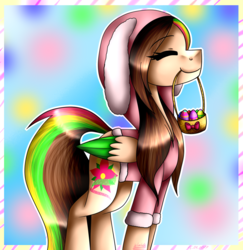 Size: 1073x1105 | Tagged: safe, artist:lada03, oc, oc only, oc:lada cuantica, pegasus, pony, abstract background, animal costume, basket, bunny costume, clothes, costume, easter, easter egg, eyes closed, female, happy, holiday, mare, mouth hold, solo