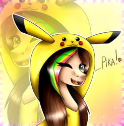 Size: 1048x1066 | Tagged: safe, artist:lada03, oc, oc only, oc:lada cuantica, pegasus, pikachu, pony, abstract background, clothes, costume, female, happy, hoodie, looking at you, mare, one eye closed, open mouth, pokémon, solo, wink