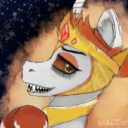 Size: 900x900 | Tagged: safe, artist:itzdatag0ndray, daybreaker, pony, a royal problem, g4, bust, ear fluff, fangs, female, fire, icon, painting, sharp teeth, smiling, solo, space, stars, teeth