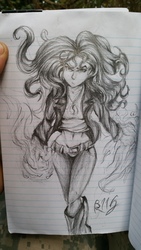 Size: 5312x2988 | Tagged: safe, artist:drizziedoodles, sunset shimmer, equestria girls, g4, female, high res, lined paper, magic, solo, traditional art