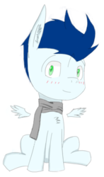 Size: 408x693 | Tagged: safe, soarin', pony, g4, chibi, clothes, scarf, sitting