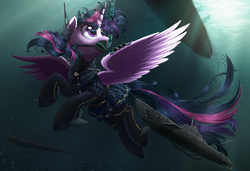 Size: 2000x1364 | Tagged: safe, artist:ncmares, twilight sparkle, alicorn, boatpony, pony, g4, clothes, female, giant pony, kantai collection, macro, shipmare, snorkel, solo, spread wings, story in the comments, submarine, twilight sparkle (alicorn), u-boat, underwater, wetsuit, wings
