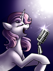 Size: 750x1000 | Tagged: safe, artist:cosmalumi, sweetie belle, pony, unicorn, g4, eyes closed, female, mare, microphone, older, solo