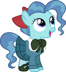 Size: 1001x1092 | Tagged: safe, artist:cloudy glow, petunia paleo, earth pony, pony, g4, bow, clothes, clothes swap, cosplay, costume, crossover, cute, disney, female, filly, foal, hair bow, hnnng, olivia flaversham, open mouth, petuniabetes, smiling, solo, standing, the great mouse detective