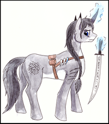 Size: 592x672 | Tagged: safe, artist:veda, oc, oc only, pony, unicorn, braid, furryguys, magic, male, ponified, scar, simple background, solo, sword, traditional art, watercolor painting, weapon