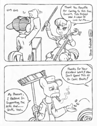 Size: 849x1100 | Tagged: safe, artist:circe, blue nile, octavia melody, anthro, comic:soreloser, black and white, comic, grayscale, groucho marx, monochrome, scruffy, traditional art