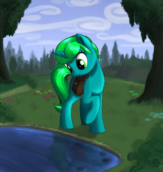 Size: 1000x1054 | Tagged: safe, artist:sirzi, oc, oc only, oc:kimi, pony, unicorn, commission, female, grass, mare, outdoors, pond, reflection, saddle bag, smiling, solo, tree, walking, water, ych result