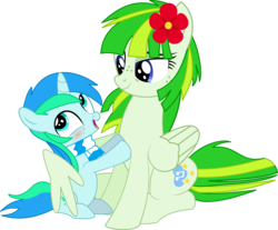Size: 8222x6801 | Tagged: safe, artist:cyanlightning, oc, oc only, oc:cyan lightning, oc:green lightning, pegasus, pony, unicorn, g4, .svg available, absurd resolution, blushing, clothes, colt, duo, female, flower, flower in hair, foal, freckles, hug, male, mare, mother and child, mother and son, scarf, simple background, transparent background, vector, winghug