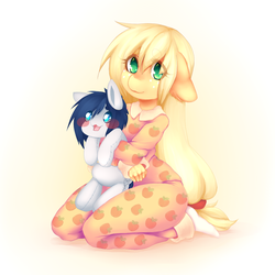 Size: 1024x1024 | Tagged: safe, artist:tolsticot, applejack, oc, oc:constance everheart, earth pony, pony, anthro, plantigrade anthro, g4, anthro with ponies, blush sticker, blushing, canon x oc, clothes, commission, cute, everjack, female, floppy ears, freckles, jackabetes, kneeling, looking at you, male, mare, pajamas, plushie, shipping, straight