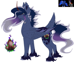 Size: 1032x871 | Tagged: safe, artist:loxes, oc, oc only, oc:crystal echo, alicorn, bat pony, pegasus, pony, alicorn oc, crystal, curved horn, cutie mark, horn, moon, parent:king sombra, parent:princess luna, solo