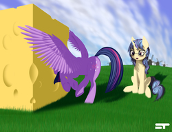 Size: 3900x3000 | Tagged: safe, artist:styroponyworks, twilight sparkle, oc, oc:eleos, alicorn, pony, unicorn, g4, :o, backwards cutie mark, blushing, butt, cheese, dock, duo, eyes on the prize, female, food, glasses, grass, high res, looking at butt, mare, open mouth, plot, raised hoof, raised leg, sitting, spread wings, stuck, they're just so cheesy, twibutt, twilight getting stuck, twilight sparkle (alicorn), underhoof, wings