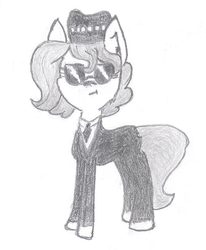 Size: 577x701 | Tagged: safe, artist:barryfrommars, oc, oc:brownie bun, pony, blues brothers, clothes, crossover, hat, monochrome, necktie, pearl, suit, sunglasses, traditional art