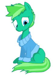 Size: 409x583 | Tagged: safe, artist:day-crescendo, oc, oc only, oc:daycrescendo, earth pony, pony, clothes, cute, looking at you, simple background, smiling, solo, sweater, white background
