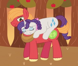 Size: 1812x1536 | Tagged: safe, artist:kindheart525, big macintosh, rarity, earth pony, pony, g4, alternate hairstyle, apple orchard, bandana, braid, carrying, eyes closed, horse collar, male, ponies riding ponies, rarity riding big macintosh, riding, ship:rarimac, shipping, sleeping, straight, sunset