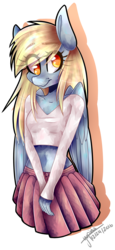 Size: 1024x2218 | Tagged: safe, artist:overtime-artist, derpy hooves, anthro, g4, belly button, clothes, cute, female, folded wings, midriff, moe, pleated skirt, short shirt, signature, skirt, solo